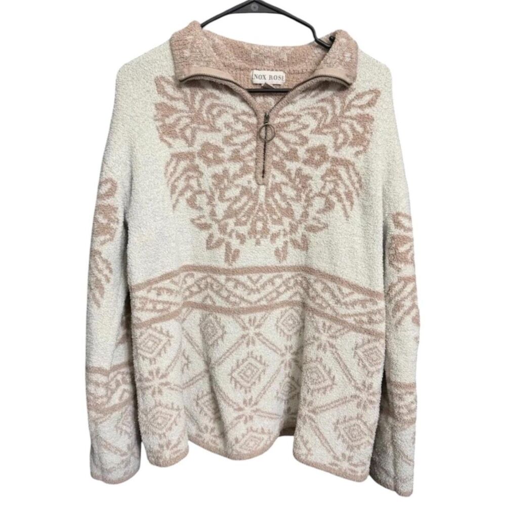 Knox Rose Cream Floral Patterns Sherpa Quarter-Zip Pullover - Size Medium